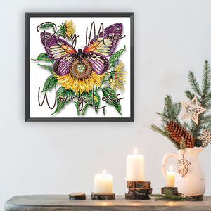 Butterfly Sunflower Calligraphy And Painting 30*30CM (canvas) Partial Special-Shaped Drill Diamond Painting