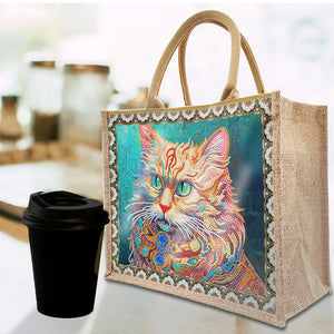 Linen Diamond Painting Tote Bag Replaceable Canvas for Women Adults Craft (Cat)