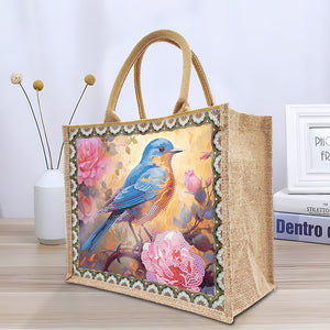 Linen Diamond Painting Tote Bag Replaceable Canvas for Women (Flowers and Bird)