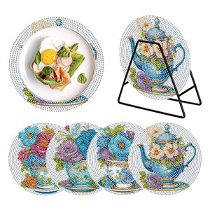 4Pcs Wooden Diamond Painted Placemats Tableware Mat with Holder(Tea Art Bouquet)