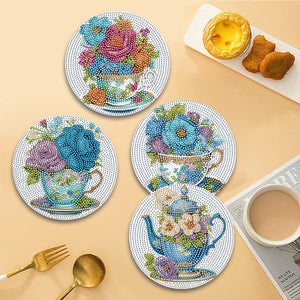 4Pcs Wooden Diamond Painted Placemats Tableware Mat with Holder(Tea Art Bouquet)