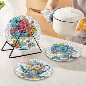 4Pcs Wooden Diamond Painted Placemats Tableware Mat with Holder(Tea Art Bouquet)