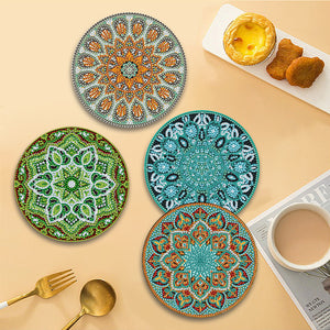 4 Pcs Wooden Diamond Painted Placemats Tableware Mat with Holder (Datura)