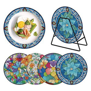 4 Pcs Wooden Diamond Painted Placemats Tableware Mat with Holder (Flower)