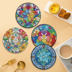 4 Pcs Wooden Diamond Painted Placemats Tableware Mat with Holder (Flower)