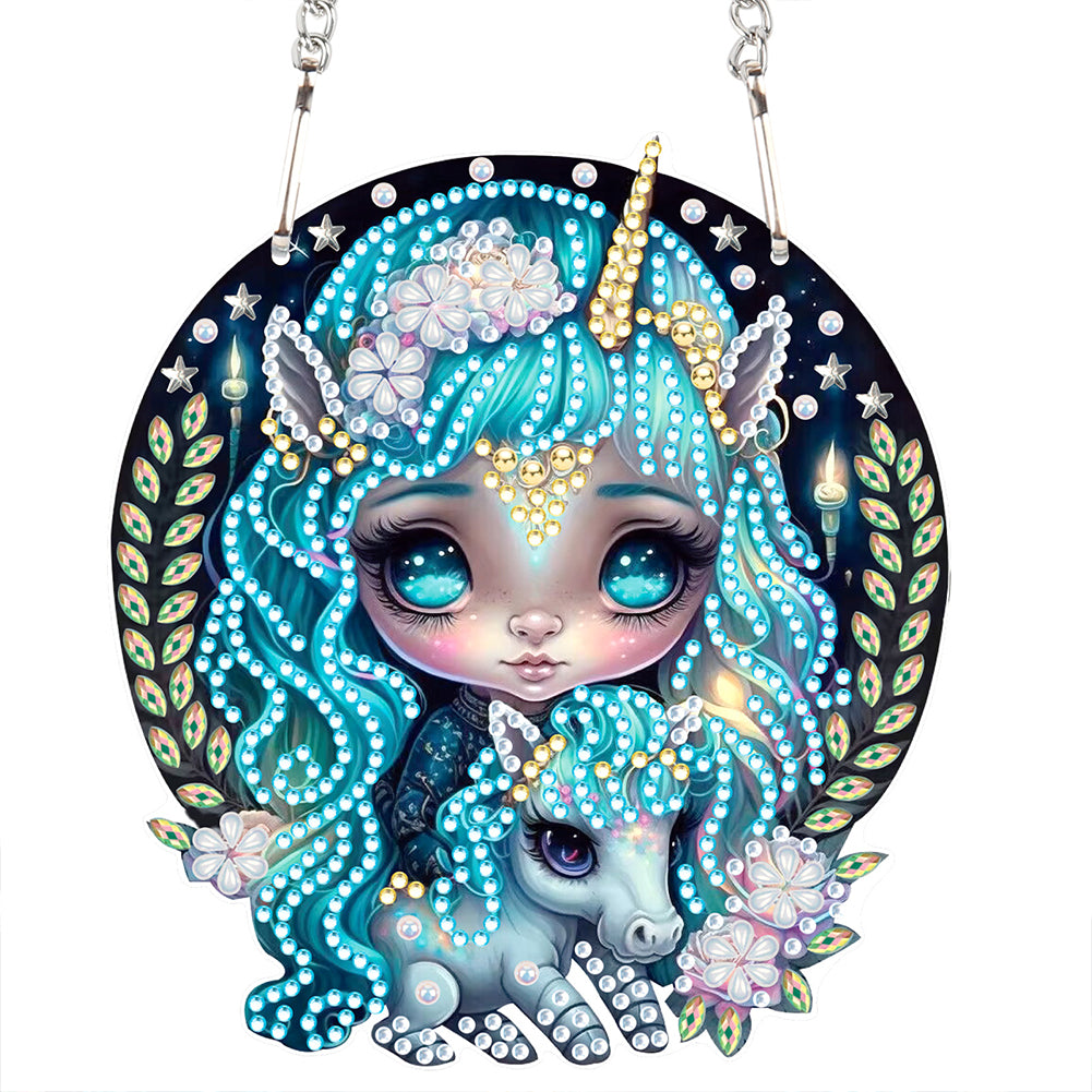 Acrylic Single-Sided 5D DIY Diamond Painting Hanging Pendant (Girl and Unicorn)