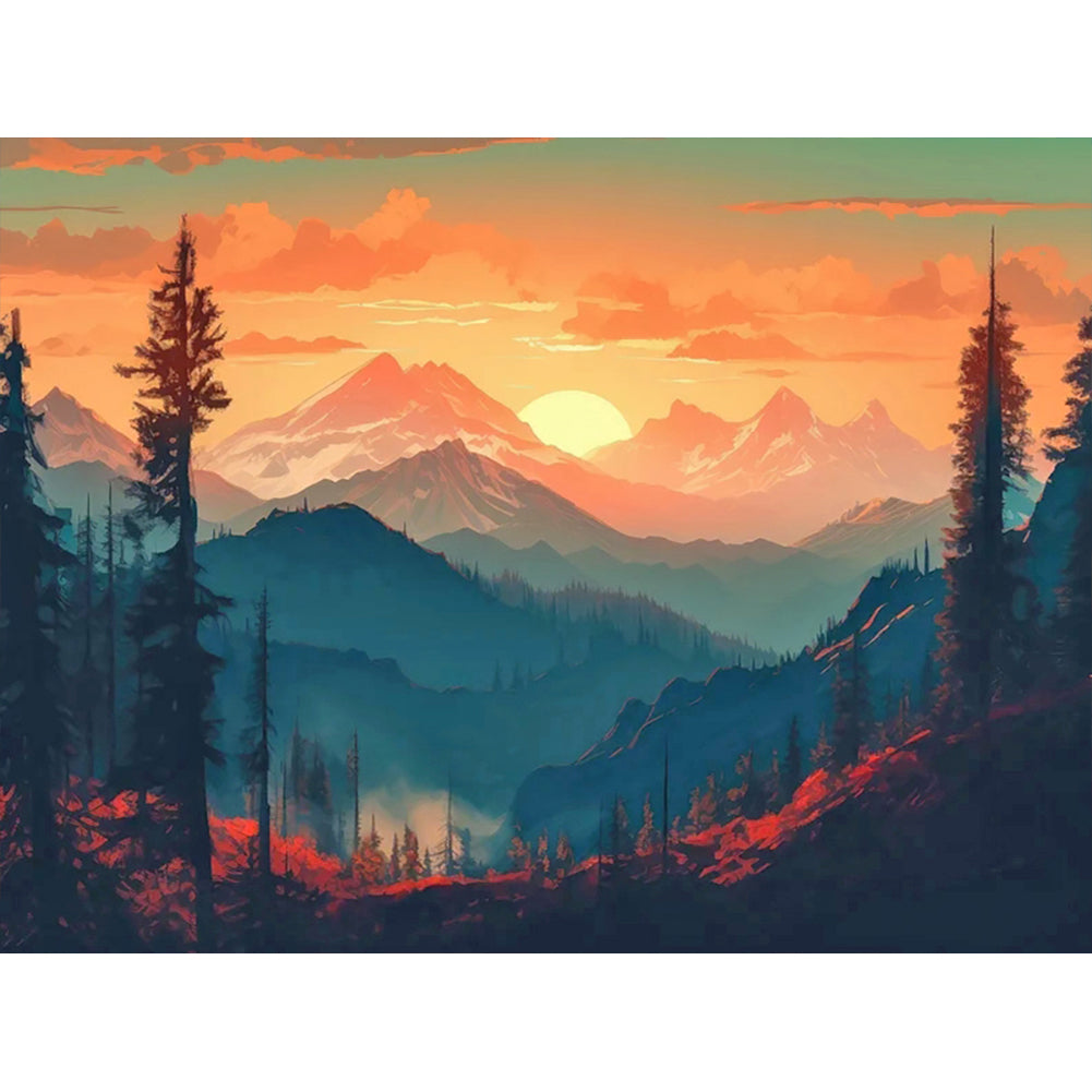 Hillside Sunset 40*30CM (canvas) Full Round Drill Diamond Painting