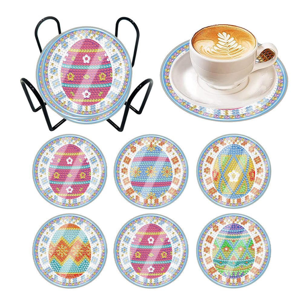 6 Pcs Easter Washable Special Shape Diamond Painting Coaster with Holder (Egg)