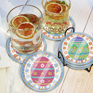 6 Pcs Easter Washable Special Shape Diamond Painting Coaster with Holder (Egg)