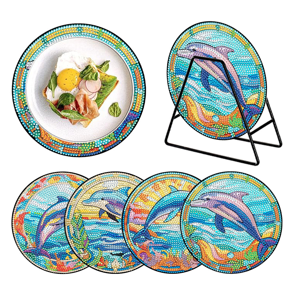 4 PCS Wood Diamond Painted Placemats Kitchen Dish Mat with Holder (Dolphin)