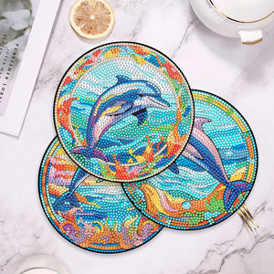 4 PCS Wood Diamond Painted Placemats Kitchen Dish Mat with Holder (Dolphin)