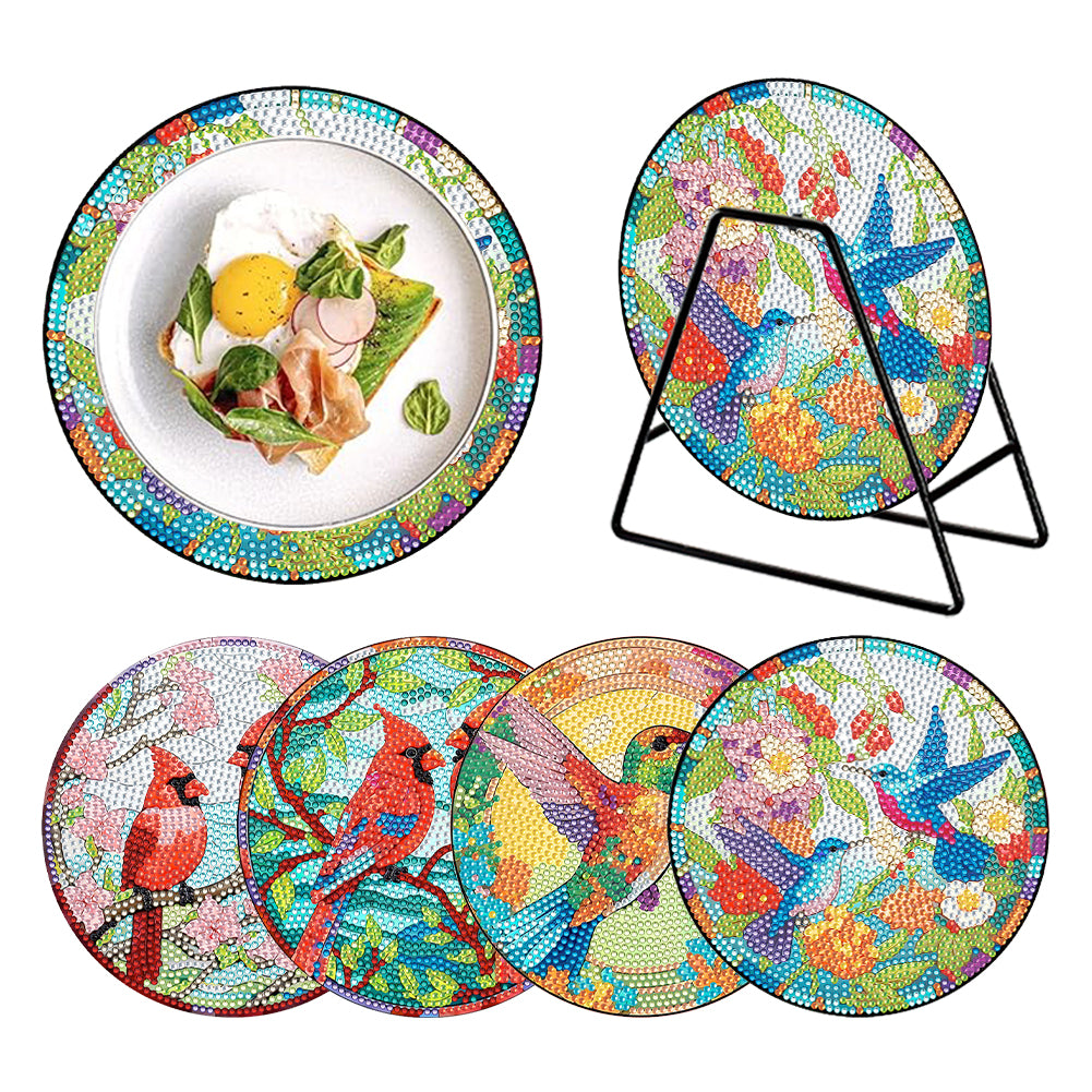 4 PCS Wood Diamond Painted Placemats Kitchen Dish Mat with Holder (Bird)