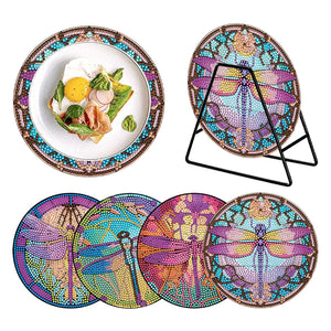 4 PCS Wood Diamond Painted Placemats Kitchen Dish Mat with Holder (Dragonfly)