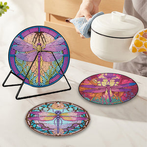 4 PCS Wood Diamond Painted Placemats Kitchen Dish Mat with Holder (Dragonfly)