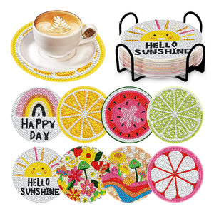 8 Pcs Acrylic Diamond Painting Coasters Kits with Holder Cork Pads (Fruit)