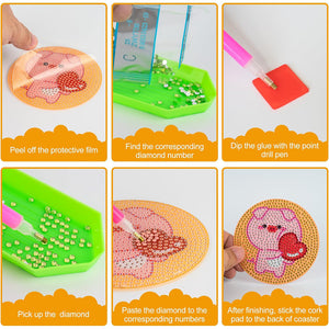 8 Pcs Acrylic Diamond Painting Coasters with Holder Cork Pads (Cartoon Animal)