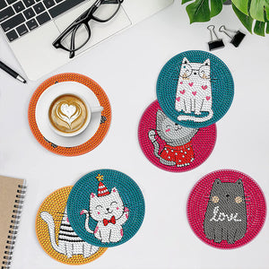 8 Pcs Acrylic Diamond Painting Coasters Kits with Holder Cork Pads (Cartoon Cat)