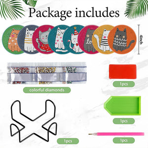 8 Pcs Acrylic Diamond Painting Coasters Kits with Holder Cork Pads (Cartoon Cat)