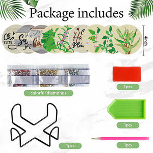 8 Pcs Acrylic Diamond Painting Coasters Kits with Holder Cork Pads (Green Leaf)