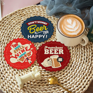 6 Pcs Acrylic Diamond Painting Coasters Kits with Holder Cork Pads (Beer)