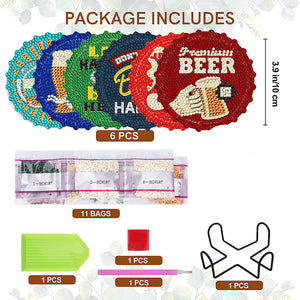 6 Pcs Acrylic Diamond Painting Coasters Kits with Holder Cork Pads (Beer)