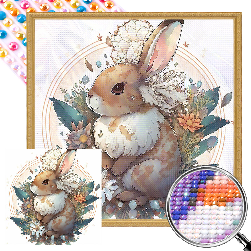 Brown Bunny With Flowers 40*40CM (canvas) Full AB Round Drill Diamond Painting