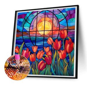 Glass Painting Tulip Flowers 30*30CM (canvas) Full Round Drill Diamond Painting