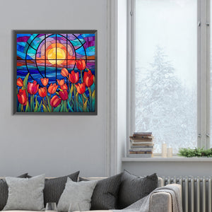 Glass Painting Tulip Flowers 30*30CM (canvas) Full Round Drill Diamond Painting
