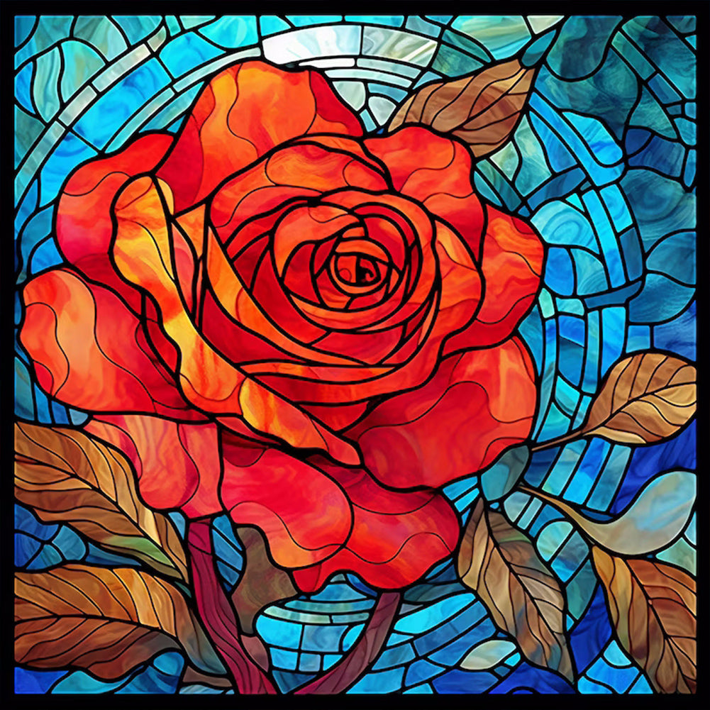 Glass Painted Red Rose Flowers 30*30CM (canvas) Full Round Drill Diamond Painting