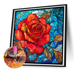 Glass Painted Red Rose Flowers 30*30CM (canvas) Full Round Drill Diamond Painting