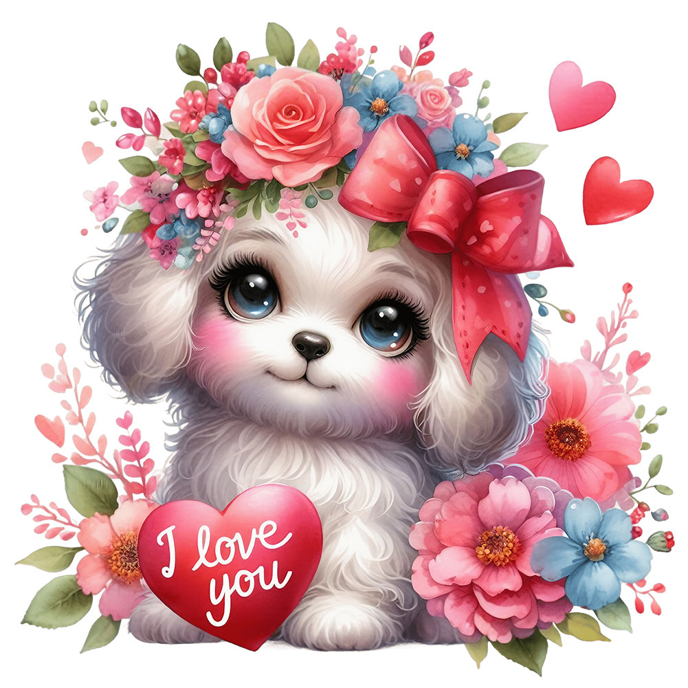 Love Rose White Dog 30*30CM (canvas) Full Round Drill Diamond Painting