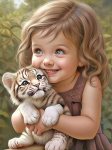 Little Girl Holding Tiger Cub 30*40CM (canvas) Full Round Drill Diamond Painting