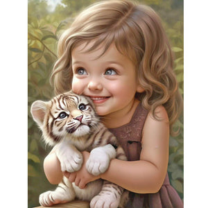 Little Girl Holding Tiger Cub 30*40CM (canvas) Full Round Drill Diamond Painting