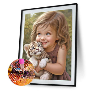 Little Girl Holding Tiger Cub 30*40CM (canvas) Full Round Drill Diamond Painting