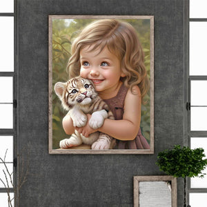Little Girl Holding Tiger Cub 30*40CM (canvas) Full Round Drill Diamond Painting