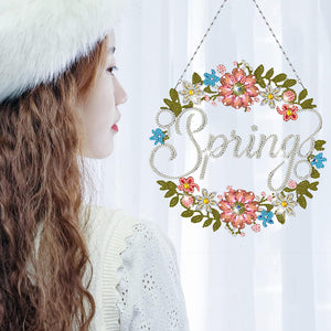 Acrylic Single-Sided Diamond Art Hanging Pendant for Home Decor (Spring Wreath)