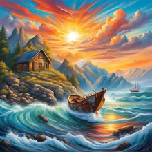 Load image into Gallery viewer, Rising Sun And Lonely Boat On The Sea 30*30CM (canvas) Full Round Drill Diamond Painting
