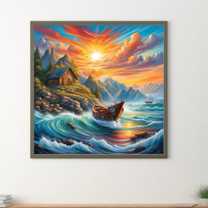 Rising Sun And Lonely Boat On The Sea 30*30CM (canvas) Full Round Drill Diamond Painting
