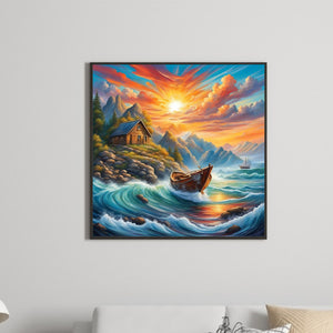 Rising Sun And Lonely Boat On The Sea 30*30CM (canvas) Full Round Drill Diamond Painting