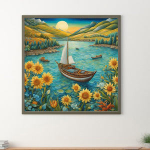 Sunflowers And Boats 30*30CM (canvas) Full Round Drill Diamond Painting