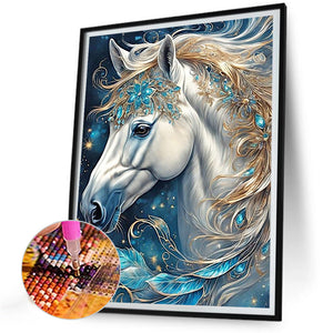 White Horse Head With Sapphire Decoration 30*40CM (canvas) Full Round Drill Diamond Painting
