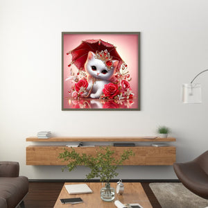 Royal White Cat With Roses 30*30CM (canvas) Full Round Drill Diamond Painting