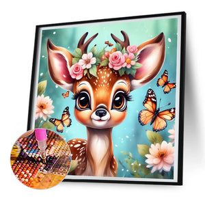 Butterfly And Deer In Flowers 30*30CM (canvas) Full Round Drill Diamond Painting