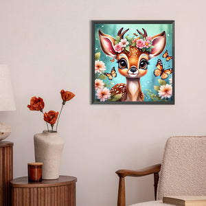 Butterfly And Deer In Flowers 30*30CM (canvas) Full Round Drill Diamond Painting
