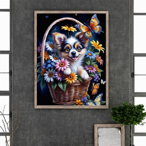 Dog In Basket 30*40CM (canvas) Full Round Drill Diamond Painting