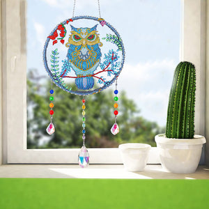 Animal Wind Chimes Mysterious Owl On Branch Diamond Crystal Painting Ornament