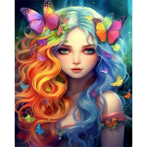 Colorful Hair Butterfly Girl 40*50CM (canvas) Full AB Round Drill Diamond Painting