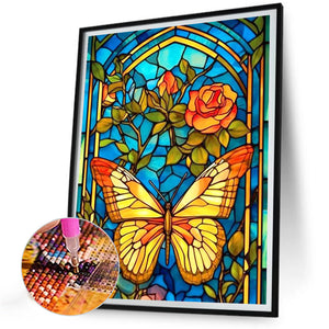 Butterfly And Flower Glass Painting 30*40CM (canvas) Full Round Drill Diamond Painting