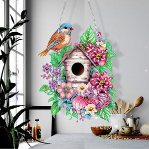 Single Side 5D Diamond Painting Dots Pendant Wall Decor (Flower Bird Cage KJ091)