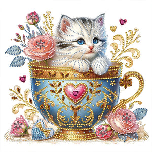 Blue Cup Kitten 30*30CM (canvas) Partial Special-Shaped Drill Diamond Painting